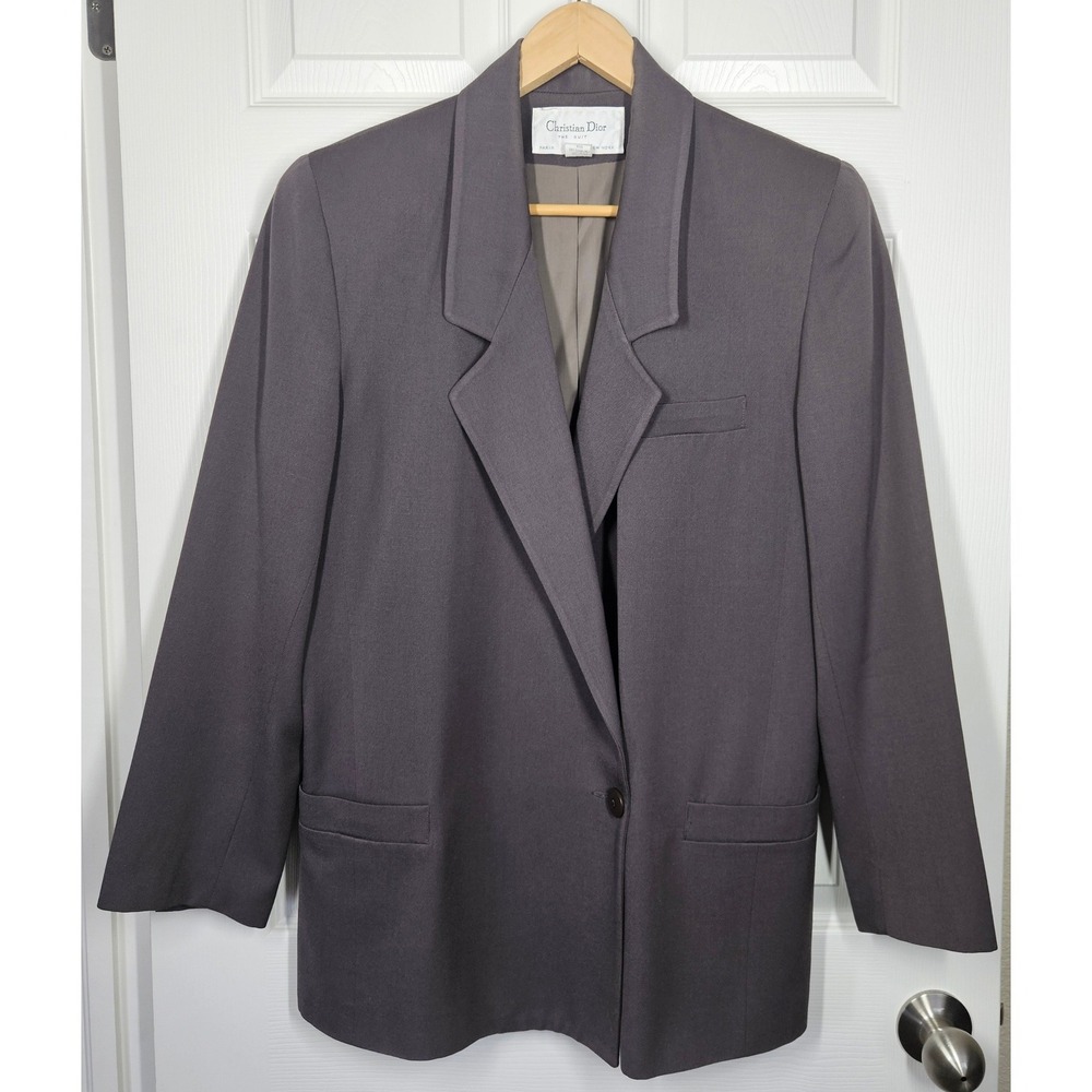 VTG Christian Dior The Suit Blazer 100% Worsted Wool Grey 90s USA Made Size 14